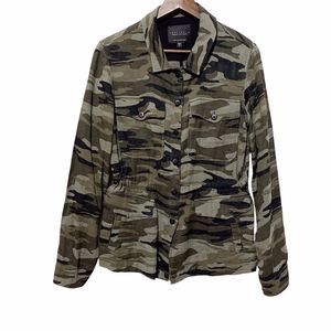 Sanctuary Jacket Button Front Long Sleeve Green Camo Drawstring Waist Small